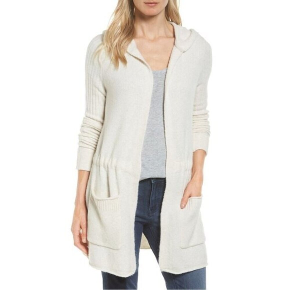 Caslon Women's Hooded Wool Blend Patch Pocket Cardigan in Beige Oatmeal SZ M